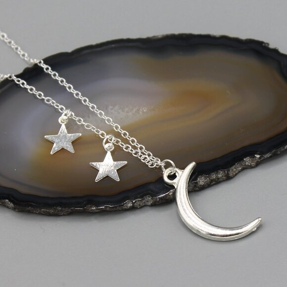 Jewelry necklace sky celestial moon stars silver tone dainty minimalist new - Picture 2 of 7